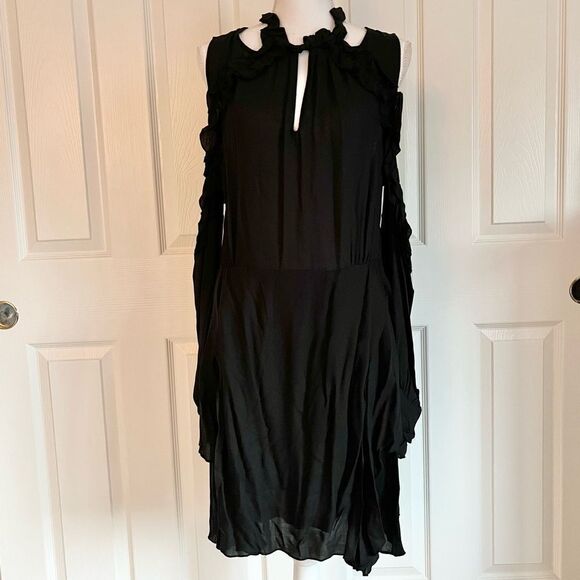 IRO Hanie cold-shoulder ruffled gauze mini dress Black FR 42 / US 10 MSRP $360 - Picture 4 of 12